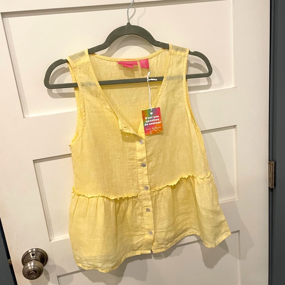 ISAAC MIZRAHI yellow 100% linen blouse